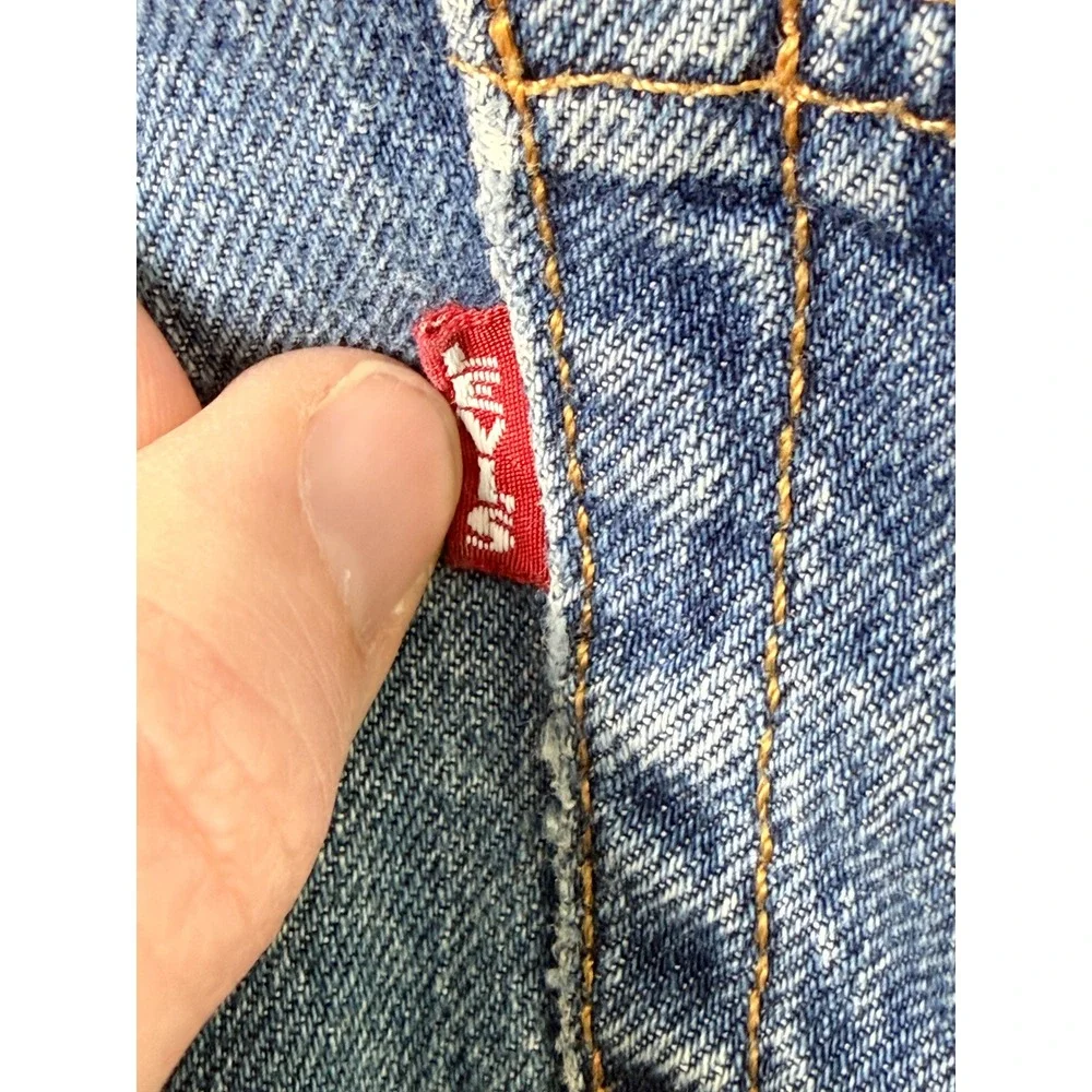 Levis Premium Big E Straight Leg Jeans Medium Wash Blue Denim Mens stained